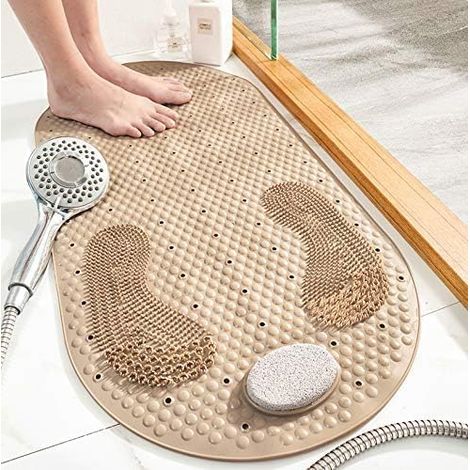 Esta alfombrilla de baño antideslizante, fabricada en TPE, tiene ventosas, mide 80 x 40 cm e incluye una piedra pómez extraíble para masajear los pies.