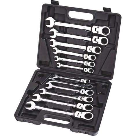 Clés mixtes articulées à cliquet 8-19mm 72 dents – Set de 12 pcs en acier chrome vanadium – Accès facile aux boulons difficiles – Stilker (1/2)