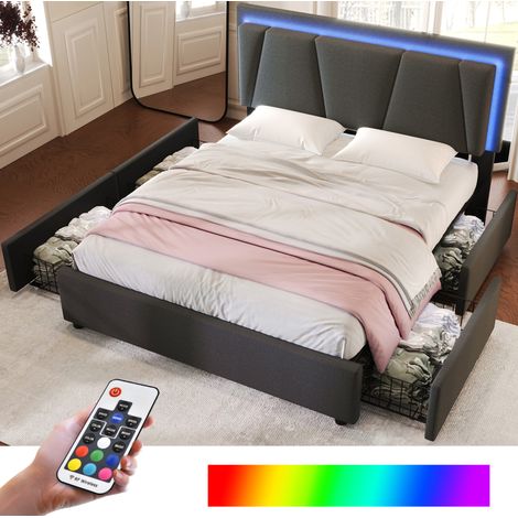 Polsterbett 140/200 cm grau aus Holz mit LED-Beleuchtung und 4 Schubladen (1/5)