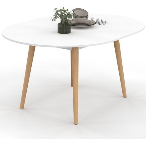 Idmarket – Table à manger extensible ronde 4-8 personnes – Plateau MDF blanc – Pieds en bois biseautés – Dimensions 110-150 cm (1/5)