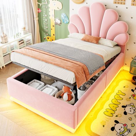 Etagenbett 90/200 cm en rosa con terciopelo, arcón hidráulico y LED (1/5)
