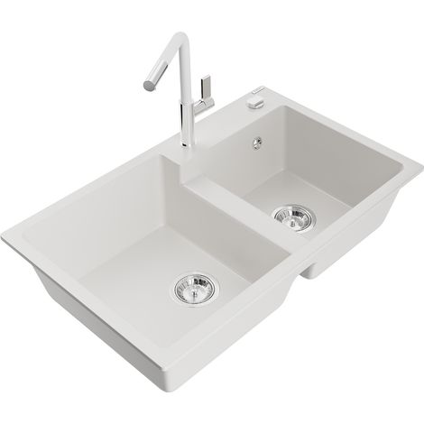 Mexen Tomas fregadero de granito de 2 compartimentos con grifo de cocina Flora, blanco - 6516-20-670401-02