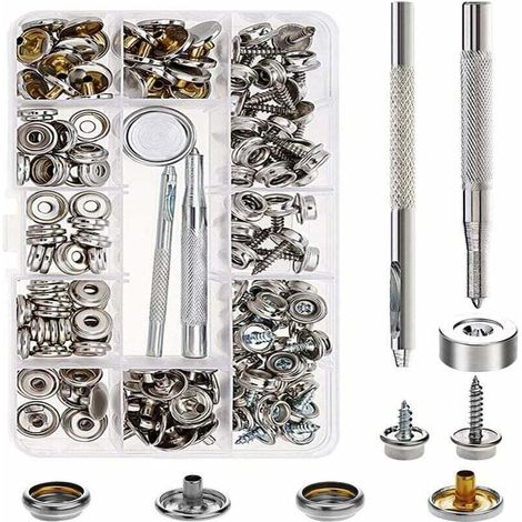 Metal snap fastener kit with copper rivets – Fixing tools included – Rust resistant – For tarpaulins, belts, shoes – Canvas – 10mm (1/5)