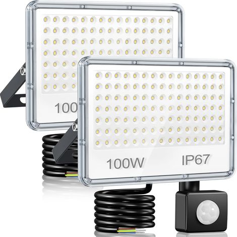 Projecteur LED Exterieur Detecteur de Mouvement 100W - Lot de 2 Spot LED Extérieur Detecteur de Mouvement 10000LM 6500K, IP67 Etanche Eclairage pour Jardin Patio Garage (1/5)