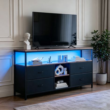 Commode 4 tiroirs en tissu, Éclairage LED Réglable, Meuble Buffet, Meuble Rangement Cadre en Métal, Support TV pour chambre, salon