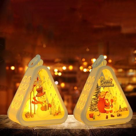 Christmas Lantern, 2 Decorative Christmas Lanterns, Flameless Christmas Candles, Vintage Christmas Lanterns with LED Lights for Gifts and Christmas Decorations (White Triangle) (1/5)