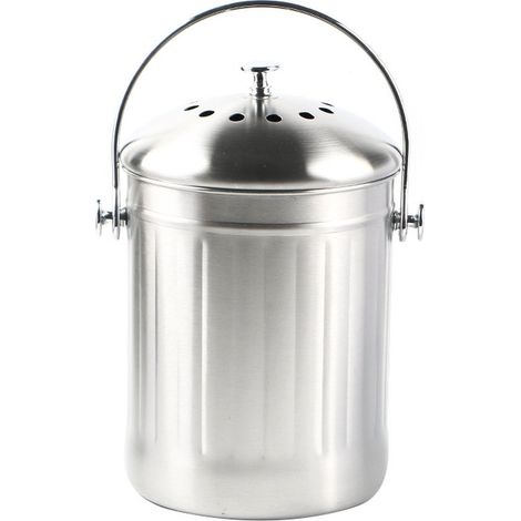 Composteur - Poubelle - Composteur - Acier inoxydable - Argent - 5 L - Avec couvercle - Poubelle - Pour déchets organiques, déchets de cuisine (1/5)