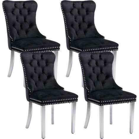 Lot de 4 chaises de salle à manger en velours noir, capitonnées, pieds inox argentés (1/5)