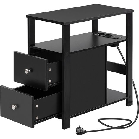 Mueble auxiliar estrecho con enchufes, 2 cajones, negro (1/5)