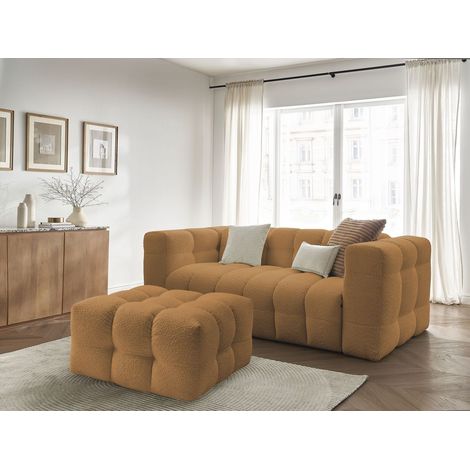 BOBOCHIC - Canapé droit convertible 3 places ouverture express CLOUD tissu bouclette avec pouf Jaune (1/5)