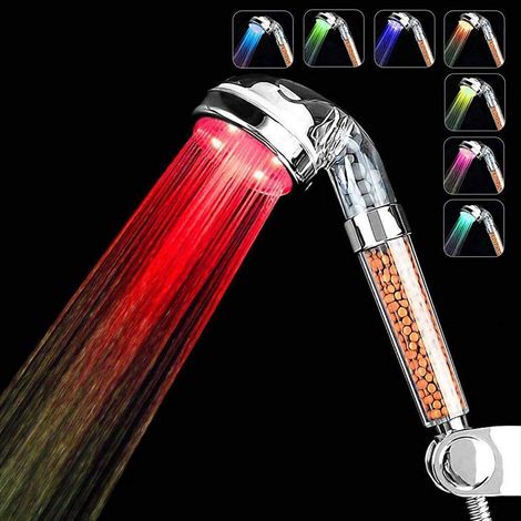 Pommeau de douche LED, pommeau de douche à main haute pression avec 7 couleurs changeantes, filtre économe en eau pour peaux et cheveux secs (1/5)