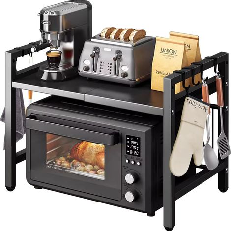 Étagère micro-ondes extensible 42-64 cm – Résiste humidité/rouille, rangement vaisselle 1 pièce – Noir (1/5)