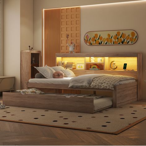 Lit de jour gigogne 90x200 cm naturel en panneaux de particules et MDF avec LED, prises USB et rangement (1/5)