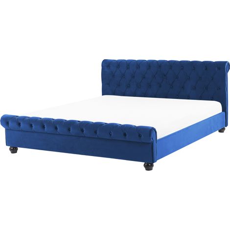 Cama doble tapizada en terciopelo azul 180 x 200 cm con cabecero acolchado estilo glam Avallon (1/5)