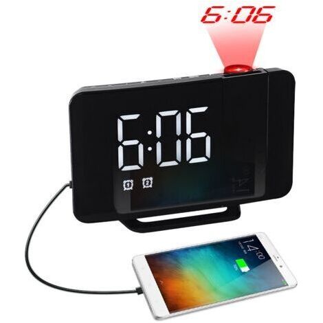 Radio, réveil à projection, horloge électronique à grand affichage LED, radio-réveil double alarme à surface incurvée, horloge de table (1/4)