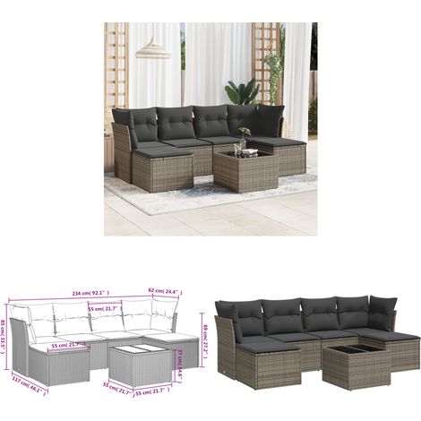 7-tlg. Garten-Sofagarnitur mit Kissen Grau Poly Rattan - Gartenmöbel Set - PE-Rattan Möbel - Outdoor Sofa - Esstisch Set - Lounge Set - Home & Living (1/3)