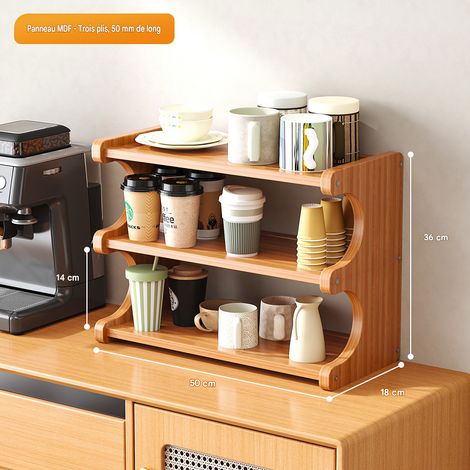 Étagère de bureau à trois niveaux, 50 cm, en bois, idéale pour le café, les cosmétiques et autres petits objets.