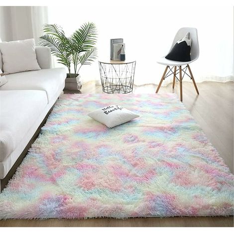 Tapis Moelleux au Sol Fausse Fourrure Moelleux Tapis Gradient Décoratif Tapis De Sol pour Chambre Salon Salle À Manger(Couleurs Arc-en-Ciel, 80×120cm) (1/5)