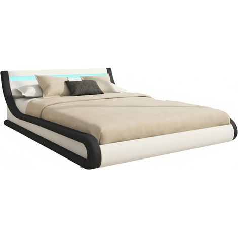 Lit Coffre pour Matelas  Lit Adulte  Couleur Blanc et Noir avec LED  Matériaux bois et simili cuir  Coffre de rangement  Modèle Parisina  150x190cm (1/5)