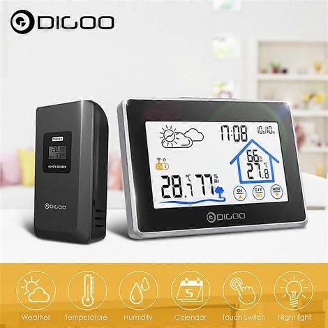Station météo tactile sans fil Digoo DG-TH8380 : prévisions intérieures et extérieures, capteur, thermomètre, hygromètre, calendrier, rétroéclairage. (1/2)