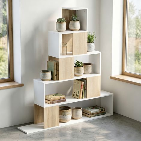 Étagère Moderne 5 Niveaux en Escalier, 120x22x131.5 cm, Blanc et Bois (1/5)