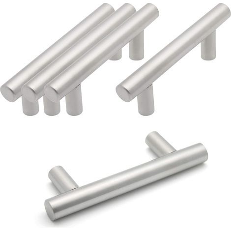 Set aus 5 T-Griffen aus gebürstetem, vernickeltem Edelstahl, 64 mm Mittenabstand, für Küchenmöbel, Schubladen und Schränke. (1/5)