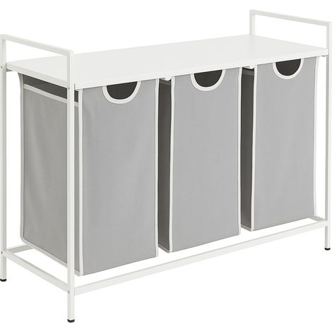 Cesto para la ropa sucia Relaxdays con 3 cestos extraíbles, estante, H x A x F: 72 x 92,5 x 33 cm, metal, blanco/gris