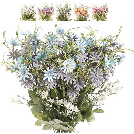 Fleurs Fleurs Sauvages Daisy Bundle Faux Plantes Soie Verdure En Plastique Marguerites Résistant Aux UV Floral -6pcs - Bleu (1/4)