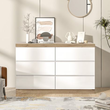 Commode 6 tiroirs-Compartiment fermé-Rangement chambre et salon-Panneau particules E1-Chêne blanc-110 x 40 x 67,5cm (1/5)