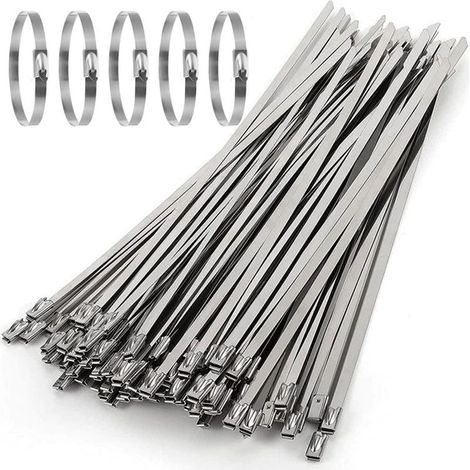 Collier de Serrage Inox 100 Pièces 500×7,9mm, Attache Câblées Inox, Serre Cable Acier, Collier de Serrage Métallique pour Enroulement D'échappement, Câbles Groupés, Entretenir les Clôtures (1/5)