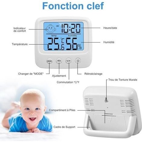 Hochpräzises digitales Innenthermometer und Hygrometer, digitales Tischthermometer mit Temperatur- und Feuchtigkeitsüberwachungsfunktionen – Hintergrundbeleuchtung – Uhr (1/3)