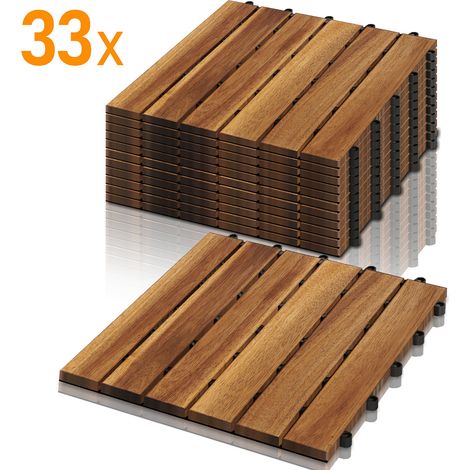 SWANEW 33x Dalles de terrasse en bois d’acacia ou bois d’eucalyptus 30 x 30 cm Dalle clipsable balcon jardin extérieur Acacia Mosaïque