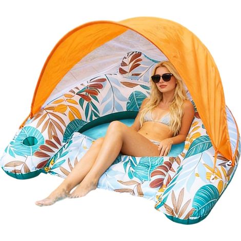 Flotador para adultos, colchón inflable gigante para piscina con toldo protector, hamaca acuática 4 en 1 para adultos, silla flotante con respaldo. (1/5)