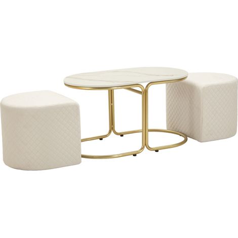 Table Basse Avec 2 Poufs "Relax" 79cm Blanc & Or (1/5)