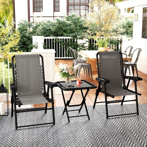 Ensemble bistro en acier 3 pièces, mobilier de jardin résistant aux intempéries avec table bistro pliante, porte-gobelets et chaises de jardin, gris foncé (1/5)