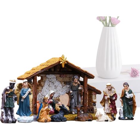 Figurines De La Nativité Religieuse en résine Gain de Place Crèche De Noël En Résine Pour Cheminée Entrée Maison Travail Table À Manger Magasin Étagère À Livres Rebord De (1/5)