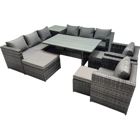 Fimous Outdoor Corner Sofa Chair Dining Table Set Garden Rattan Furniture Set 11 Seater with Side Table 3 Stool Dark Grey (1/5)