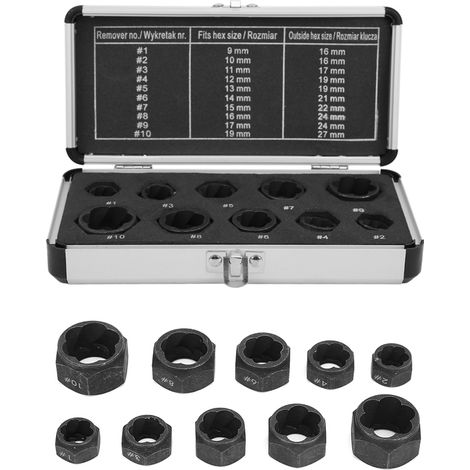10-teiliges Schraubenausdreher-Set aus schwarzem Stahl für beschädigte Muttern und Bolzen mit Aluminiumbox (1/5)