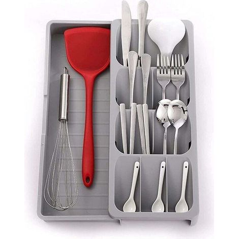 Compact Plastic Cutlery Holder, Expandable Cutlery Storage Drawer, Kitchen Utensil Storage Rack (Gray) (1/4)