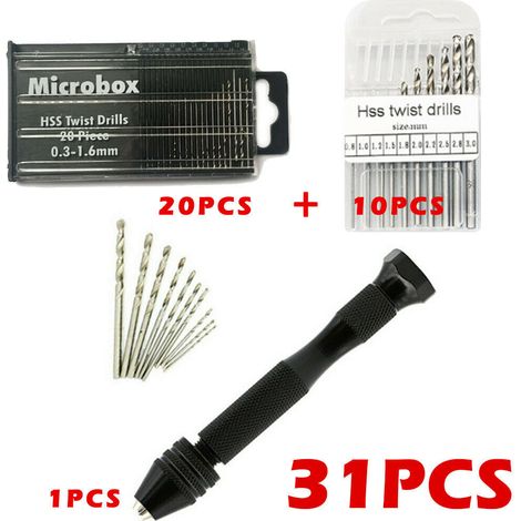MIni perceuse à main Twist Drill Bits  micro forets hélicoïdaux sans fil en Aluminium Pin Vise Outils Rotatifs forets hélicoïdaux adjustable Pyrogravure Maison plastique trou cuivre 31pcs