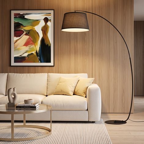 Lampadaire Arco avec abat-jour en tissu pour salon, douille E27 (ampoule non incluse), interrupteur au pied, noir (1/5)