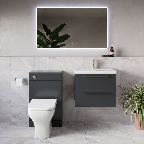 Napoli 390 Gloss Grey 1100mm Wall Mounted 2 Drawer Vanity Unit and Toilet Suite with Glide Basin - 1100mm - Chrome 320mm HandleWith Kingston Toilet Pan and Seat
