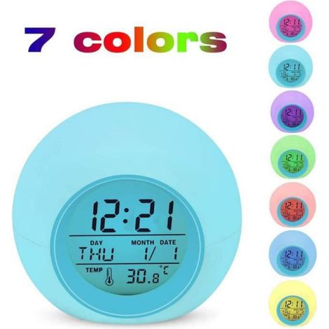 Réveil Enfant - Affichage Numérique - Calendrier Intégré - Thermomètre Ambiant - 7 Couleurs LED - 8 Sonneries - 1 Pièce (1/4)