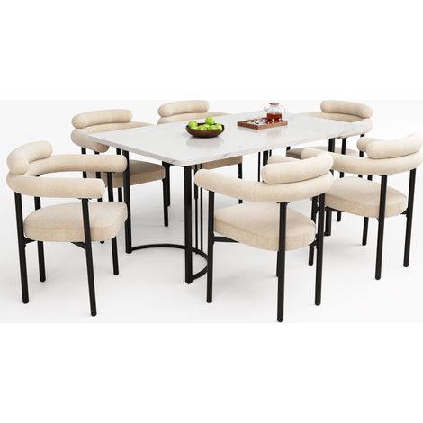 Ensemble table et chaises de salle à manger (7 pièces), avec pieds de table design en métal, comprenant 6 fauteuils creux revêtus de suédine couleur crème, élégants et confortables, parfaits pour les (1/4)