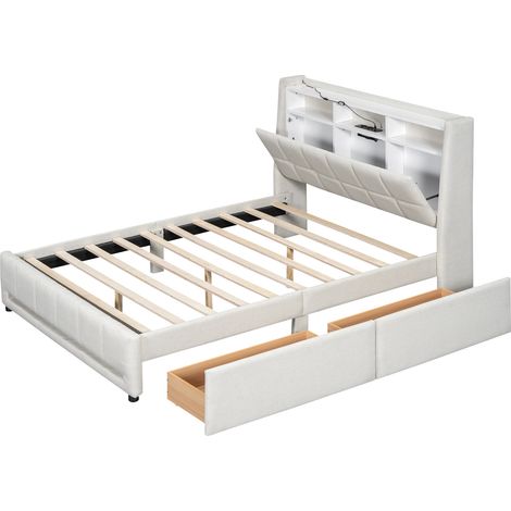 Cama tapizada 140 x 200 cm de lino beige con LED por app, cajones y USB, sin colchón (1/5)