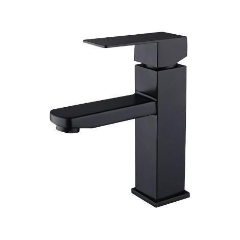 Rubinetto per lavabo acqua calda/fredda, monoforo quadrato, in acciaio inox e acero + tubo flessibile di alimentazione acqua da 60 cm. (1/3)
