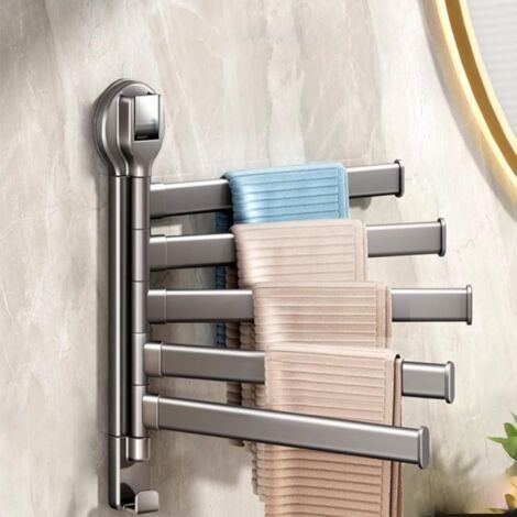 Porte-serviettes pivotant pour salle de bain, montage mural sans perçage, en acier inoxydable 304, rotation à 180 degrés, suspension multicouche pour un gain de place (gris, cinq barres) (1/4)