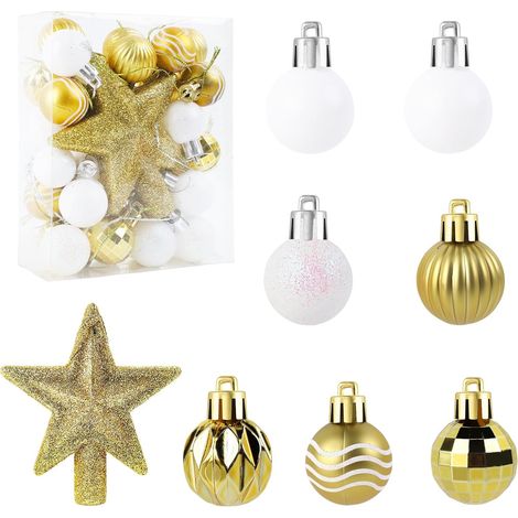 31 mini bolas doradas de 4 cm con estrellas, decoración para escaparates, escena festiva (1/4)