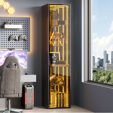 Vitrina 30x30x160 cm con LED, vidrio templado y aluminio, 5 estantes ajustables y 1 puerta, color negro