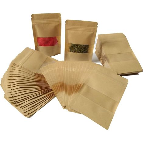 MINKUROW 100pcs 9 x 14cm Pouch Bag Buste Con Cerniera In Carta Kraft Con Finestra Biodegradabile Mini Pacchetto Busta Per Semi Caramelle Regalo Gioielli (9 x 14cm 100pcs Brown) (1/5)